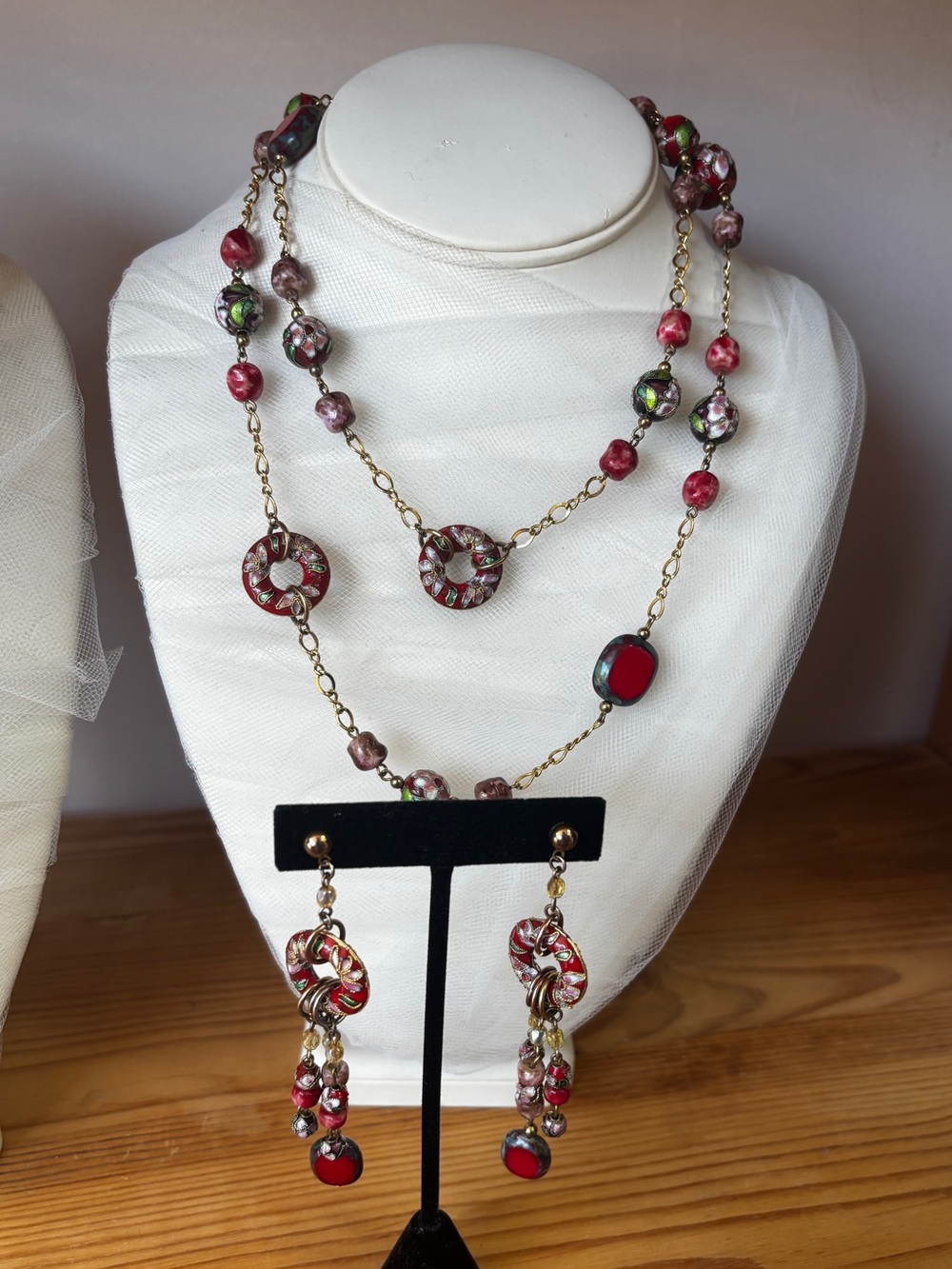 Vintage Red Cloisonne Beaded & Gold Chain Long Necklace with Matching Earrings